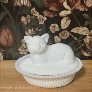 Vintage Westmoreland White Milk Glass Cat on Basket Covered Dish